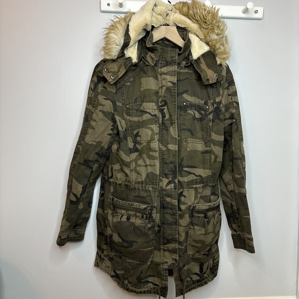 Y2K Camo Sherpa Lined Jacket Coat XS Military Grunge Punk Utility‎ 2in1 Fur Hood